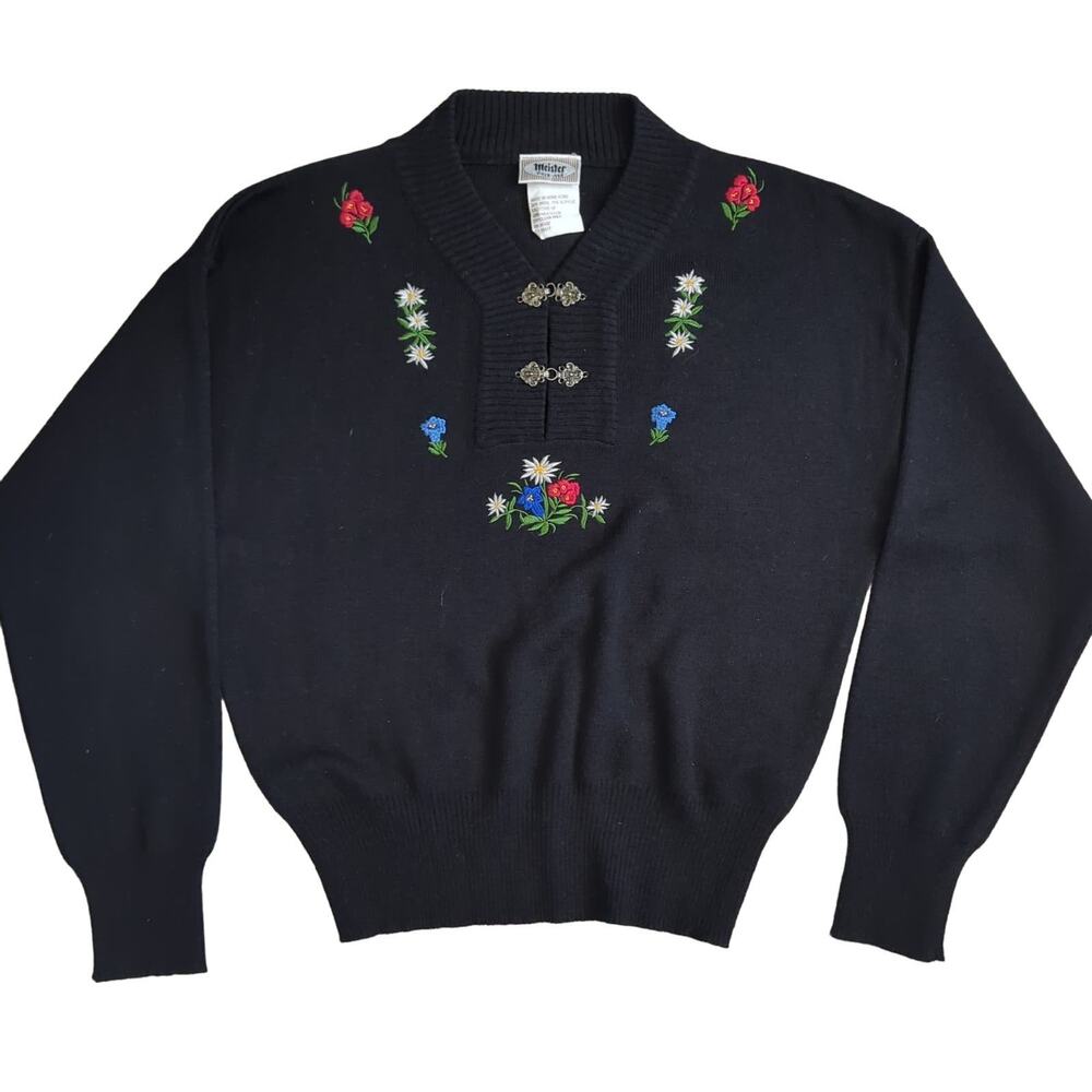 Meister Vintage Cottagecore Folklore Embroidered Wool Sweater Fair Isle Medium